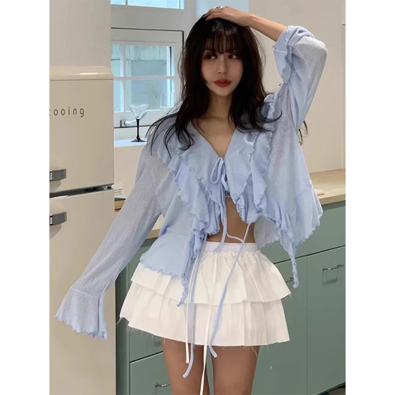 Street Fashion In Korea - MEXZT Kemeja Putih Potong Blus Merah