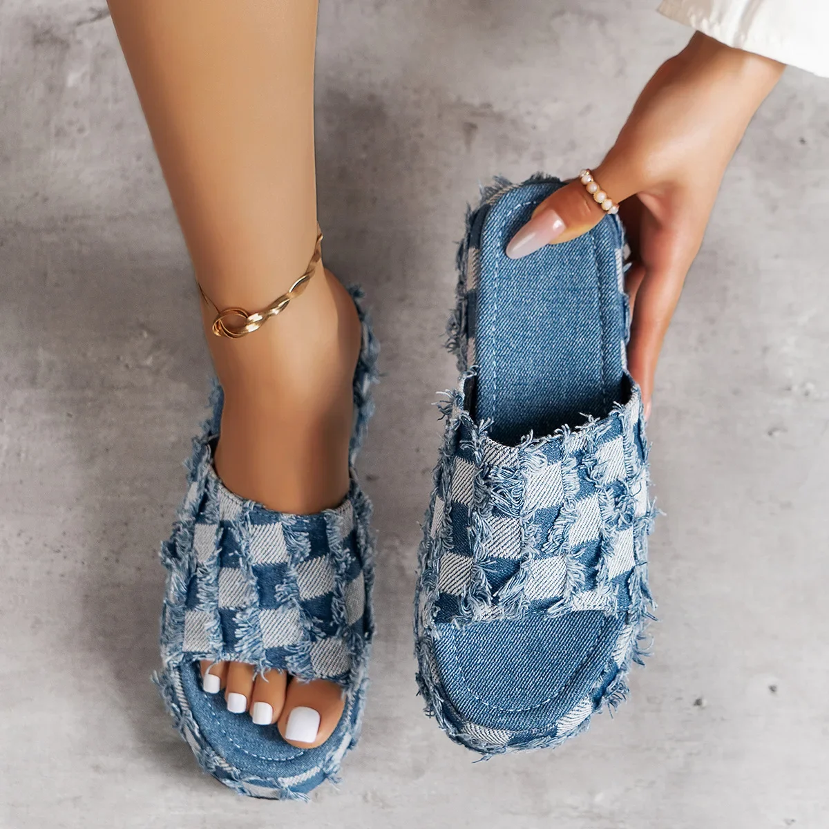 Street Fashion Jeans Women - Sepatu selop Denim musim panas wanita,