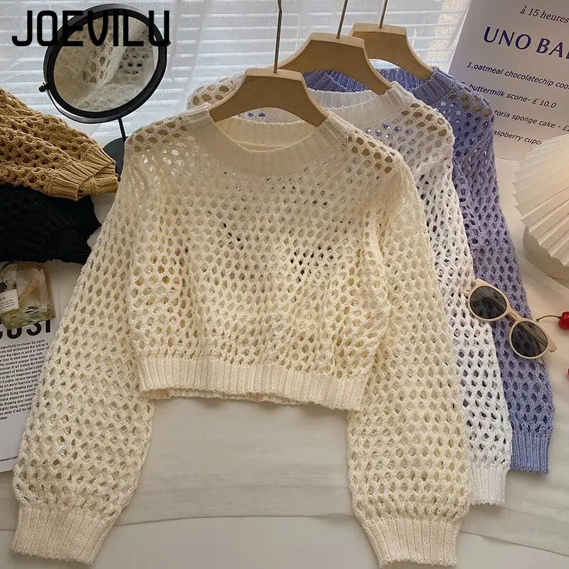 Street Fashion In Korea - Atasan Crop Rajutan Berongga Pulover Lengan