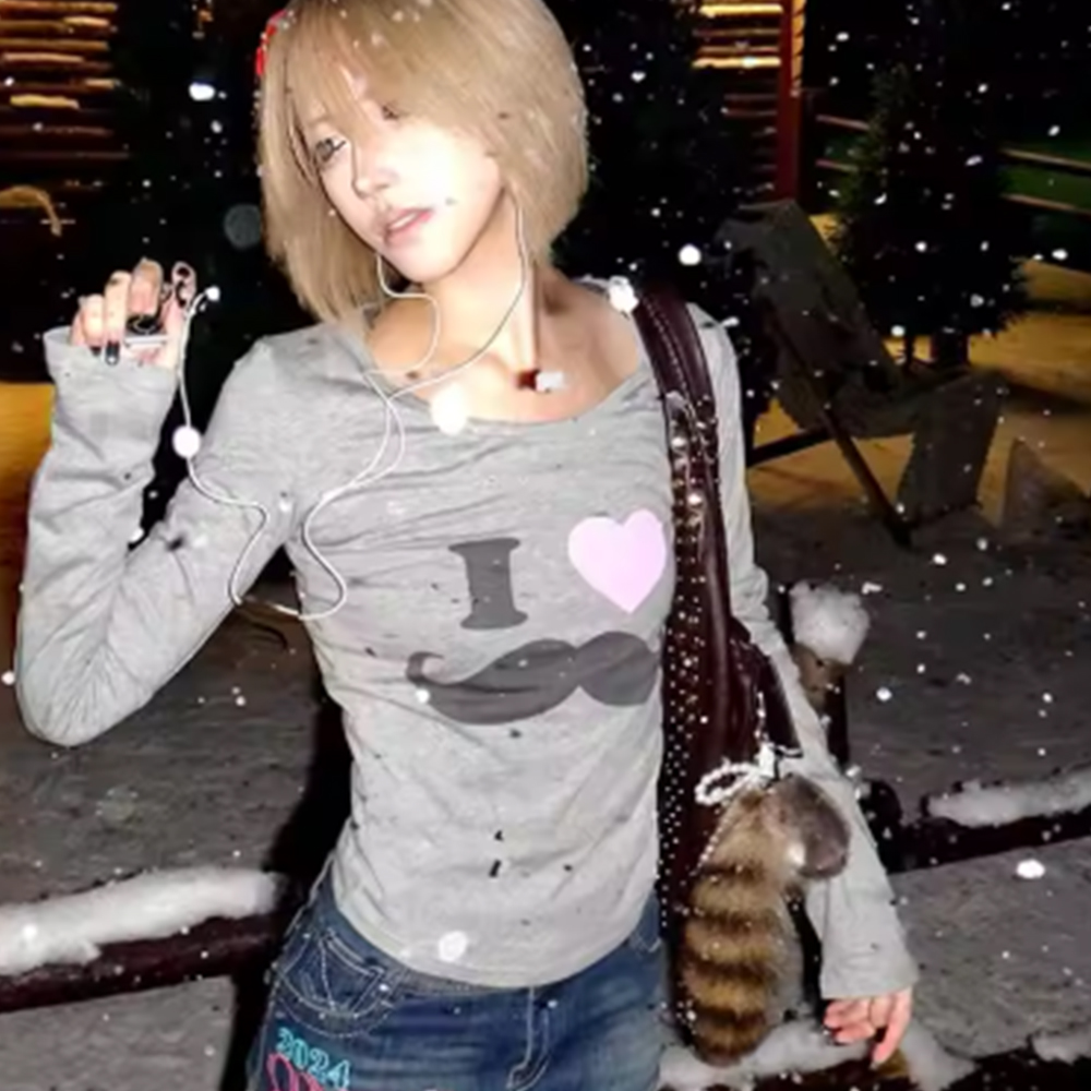 Street Fashion In Korea - Kaos Cetak Jenggot Y2K Jepang Vintage