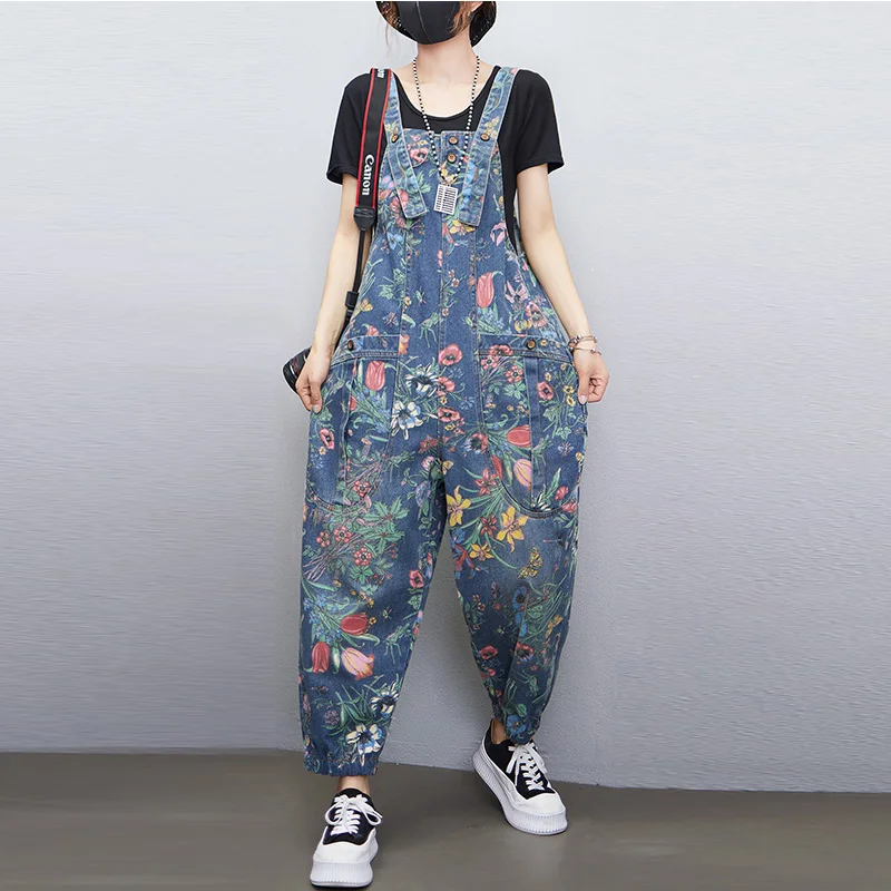 Street Fashion Jeans Women - Jumpsuit Denim Bunga Gambar Cetak Pakaian