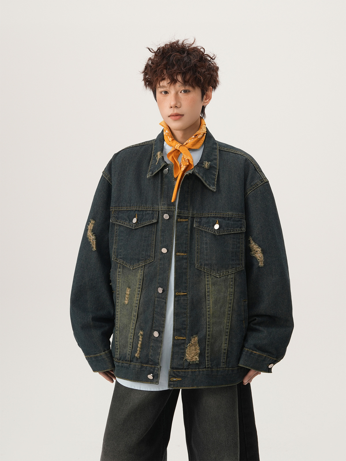 Jaket Denim Robek Gaya Amerika - Street Fashion Vintage ulasan dan harga