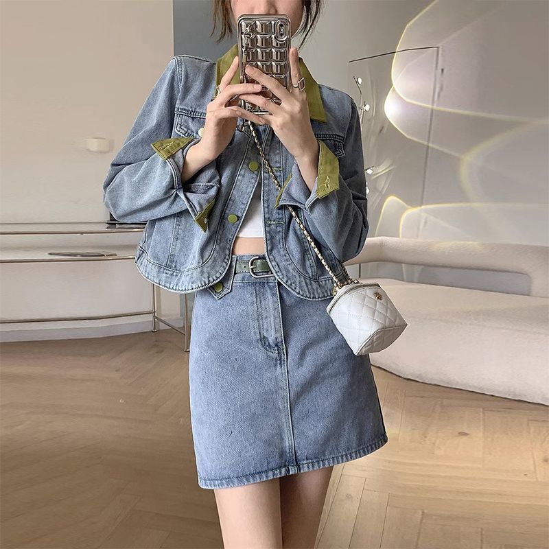 Mantel Denim Rok Mini Dua Poto - Street Fashion Jeans Women ulasan dan harga