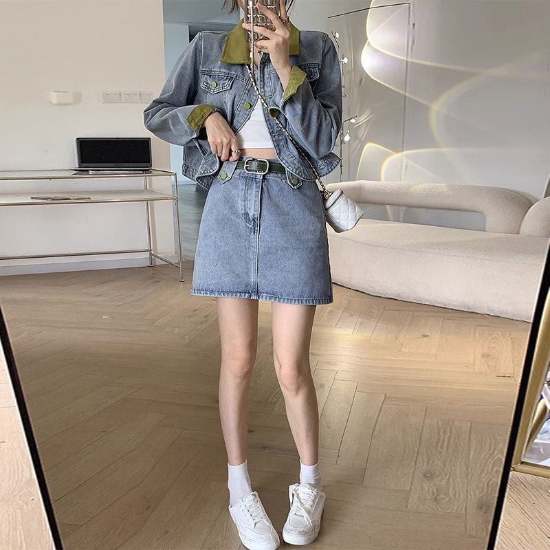 Mantel Denim Rok Mini Dua Poto - Street Fashion Jeans Women ulasan dan harga