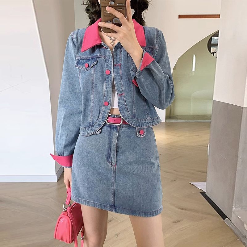 Mantel Denim Rok Mini Dua Poto - Street Fashion Jeans Women ulasan dan harga