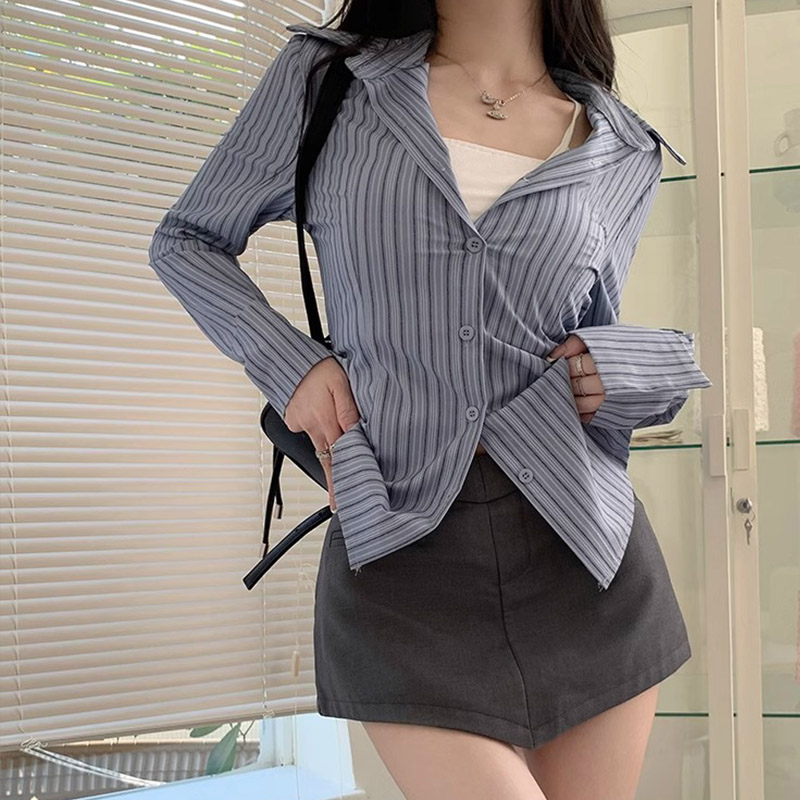 Y2k Kemeja Bergaris Wanita Len - Street Fashion In Korea ulasan dan harga
