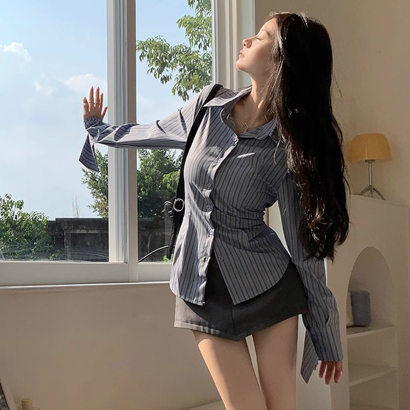 Y2k Kemeja Bergaris Wanita Len - Street Fashion In Korea ulasan dan harga