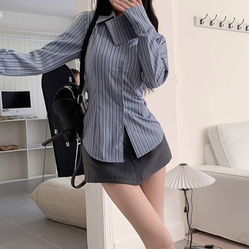 Y2k Kemeja Bergaris Wanita Len - Street Fashion In Korea ulasan dan harga
