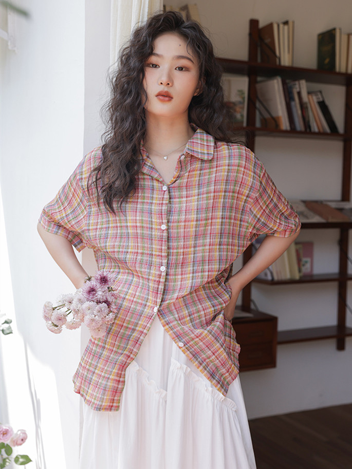 Kemeja katun kerah lipat wanit - Street Fashion Vintage ulasan dan harga